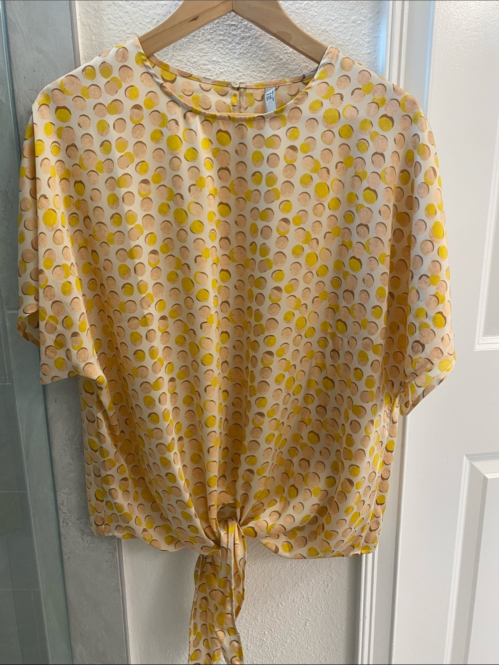 Mango Cream Blouse with Yellow Polka Dot Tie-Hem